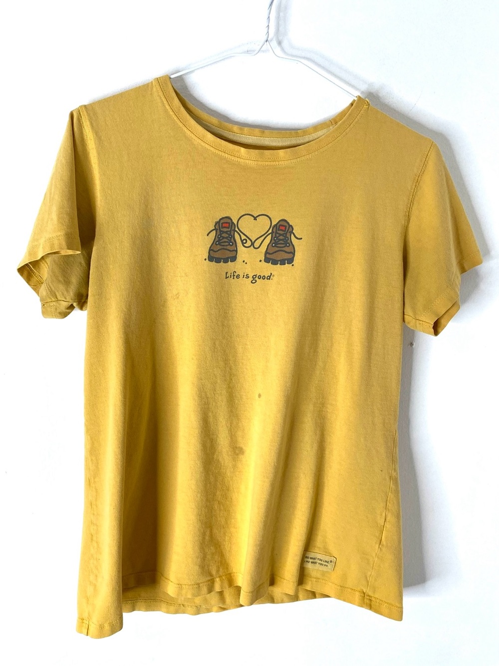 Life Is Good Mustard Yellow Hiking Boots Heart Graphic Tee Classic Fit